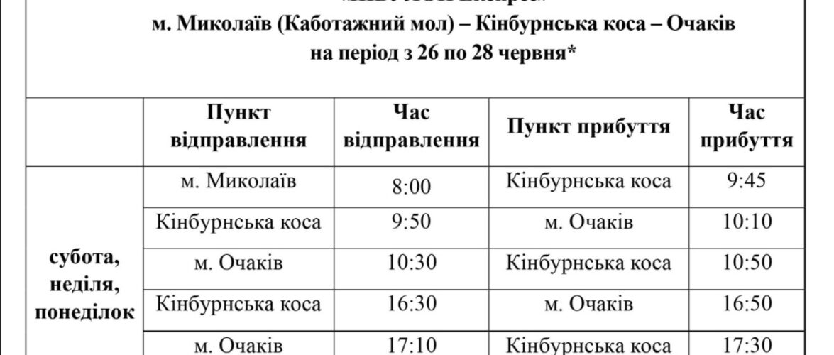 “Нібулон” оприлюднив графік перевезень на Кінбурнську косу з 26 по 28 червня